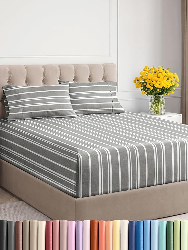Extra Deep Twin XL Sheet Set - 4 Piece Breathable and Cooling Sheets - Hotel Luxury Bed Sheets Set - Easy Fit - Soft, Wrinkle Free and Comfy Sheets Set - Grey Striped Sheet Set with Extra Deep Pockets