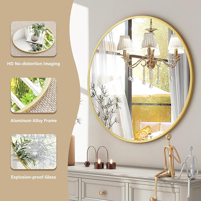 HARRITPURE Round Mirror 30 Gold Wall Mounted Circle Mirrors Vanity Mirror with Brushed Aluminum Alloy Frame Modern Decoration for Bathroom, Living Room, Vanity, Bedroom, Entryway