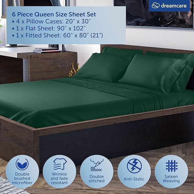 DREAMCARE Queen Sheet Set – 6 pcs Cooling Bed Sheets – up to 21” Deep Pocket Queen Sheets Set – 2500 Supreme Collection – Extra Soft 100% Brushed Microfiber Hotel Luxury with Side Pocket Emerald Green