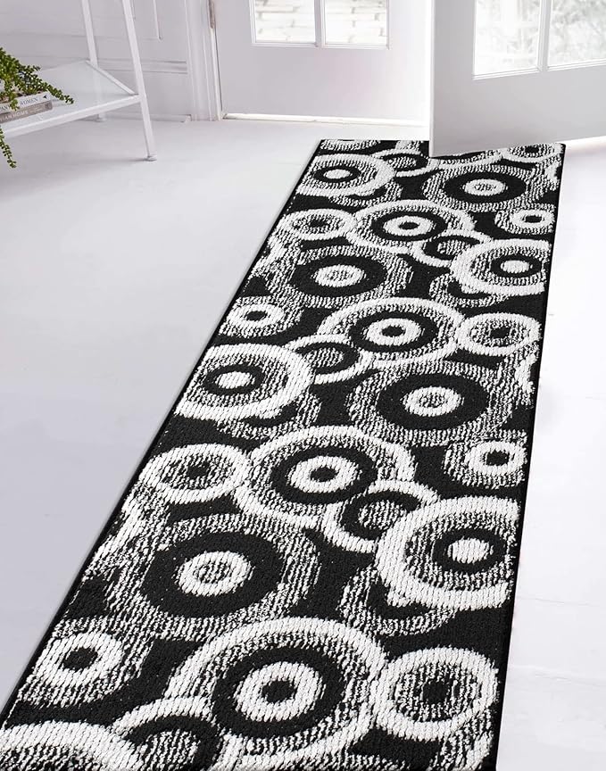 Custom Length Cut to Size Modern Farmhouse Carpet Runner Rug for Hallways, Non Slip Rubber Backed, 31 inch Wide X Customized Length, Geo Black, 31 inch X 19 feet