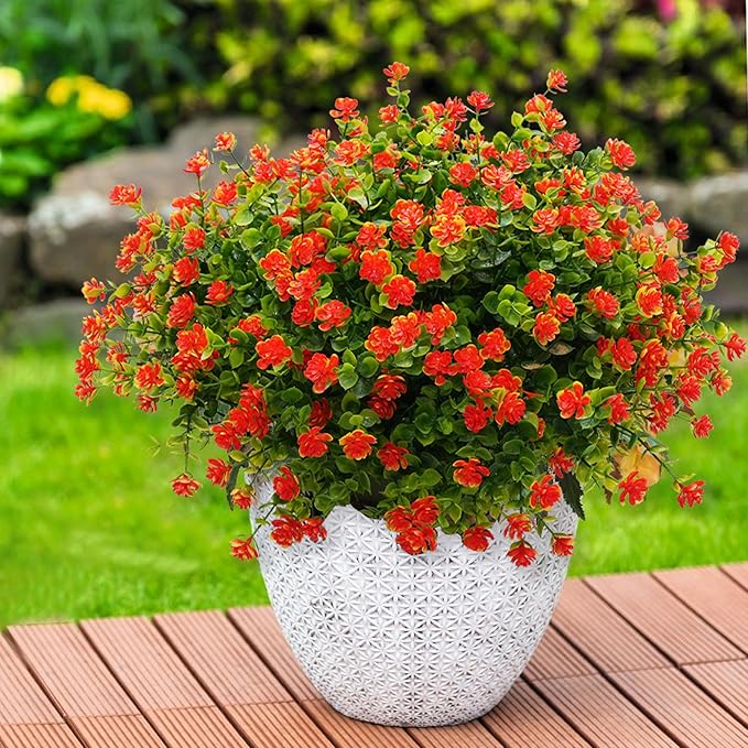 Artificial Mums Fall Flowers for Outdoors Fake Plants, 16 Bundles Faux Eucalyptus Flower Plants UV Resistant No Fade Faux Shrubs Home Garden Thanksgiving Porch Patio Autumn Decoration