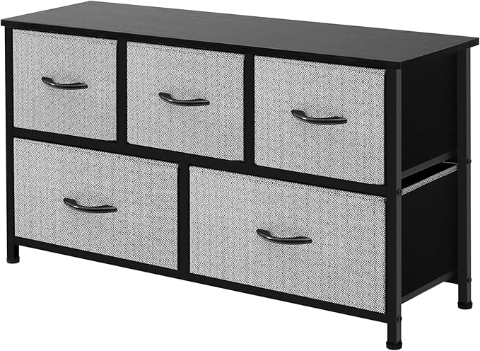AZL1 Life Concept Extra Wide Dresser Storage Tower with Sturdy Steel Frame,5 Drawers of Easy-Pull Fabric Bins, Organizer Unit for Bedroom, Hallway, Entryway, Grey with Black