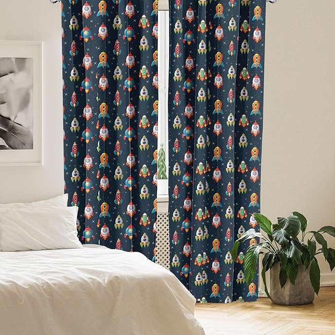 Ambesonne Spaceship Window Curtains, Cartoon Style Space Crafts Flying Through Cosmos Stared Background Astronauts, Lightweight Decor 2-Panel Set with Rod Pocket, Pair of - 28" x 95", Multicolor