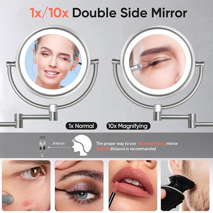GURUN 8.5 Inch Magnifying Makeup Mirror with 3 Tones Dimmable LED Lights Double Sided Touch Control Vanity Mirror for Bathroom with 10X Magnification M1809DN (Brushed Nickel/10X)
