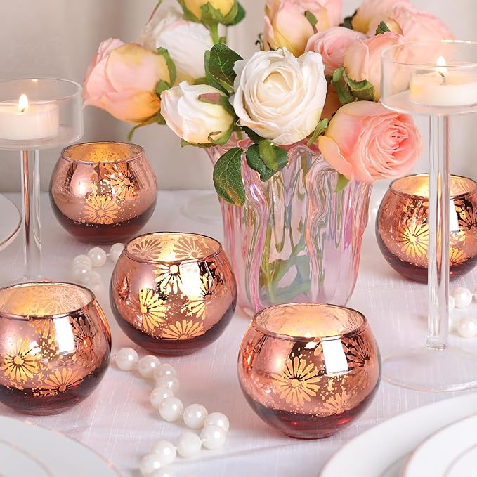 Pink Mercury Glass Votive Candle Holders Set of 12, Round Tealight Candle Holders for Table Centerpieces, Weddings, Shower Gifts, Christmas, Halloween Party Decorations