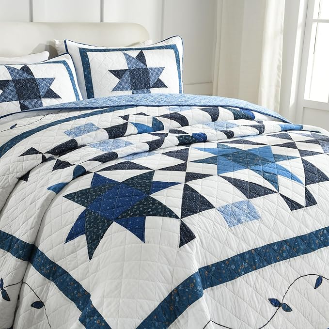 Secgo Handmade Quilted 100% Cotton Queen Comforter Set for Bed - 100% Cotton Quilts Queen Size, Black Bedspreads (90 * 96 Inch) with 2 Pillow Shams, Patchwork Reversible Lightweight Bedding