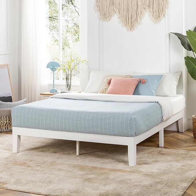 Mellow Naturalista Classic 12 Inch Solid Wood Platform Bed with Wooden Slats, Full, White