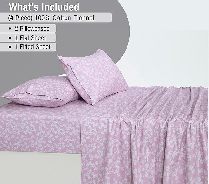 RUVANTI Flannel Sheets Full Size - 100% Cotton Double Brushed Bed Sheets Set, Deep Pockets 16 Inches, All Seasons Breathable & Extra Soft Full Sheets, Warm & Cozy, 4 Piece, Pink Flora