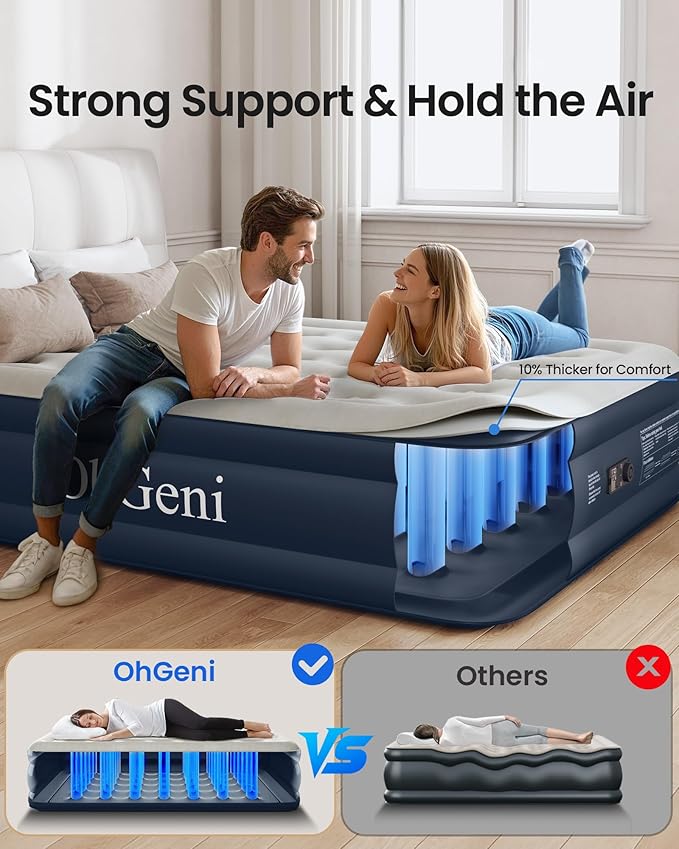 OhGeni Air Mattress Queen with Built in Pump, Blow Up Colchones Inflables Mattress for Guests, Portable Air Mattresses with Carrying Bag, 18" Raised Elevated Air Bed for Camping, Dark Blue