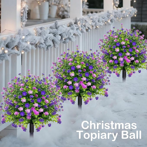 2 Pack Artificial Topiary Ball Trees Boxwood Shrubs with Spikes, UV Resistant Fake Flowers Bushes for Outdoor, Look Real Faux Plants for Porch Pathway Garden Yard Patio Halloween Decor -Purple