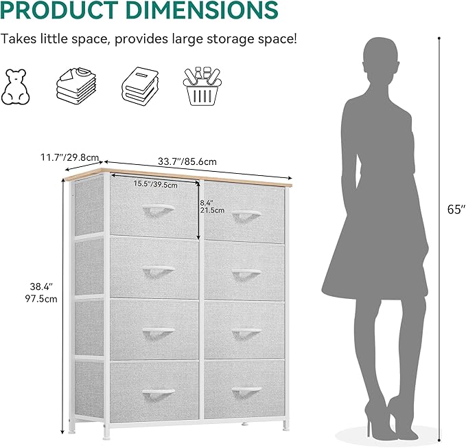 YITAHOME Dresser for Bedroom, Fabric Dresser with 8 Drawers, Storage Tower Unit, Chest of Drawers for Living Room, Hallway, Closets