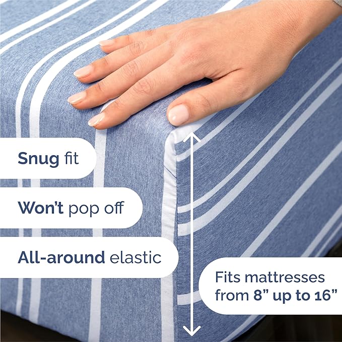 King 6 Piece Sheet Set - Comfy Breathable & Cooling - Soft Hotel Luxury Bedding Set with 8-16 Inch Deep Pockets - 1 Flat & 1 Fitted Sheet & 4 Pillowcases - Wrinkle Free & Easy Care - Blue Stripes 3
