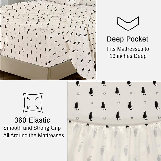 RUVANTI Flannel Sheets Twin Size - 100% Cotton Double Brushed Twin Sheets Set, Deep Pockets 16 Inches, All Seasons Breathable & Extra Soft Bed Sheets, Warm & Cozy, 3 Piece, Black Cat
