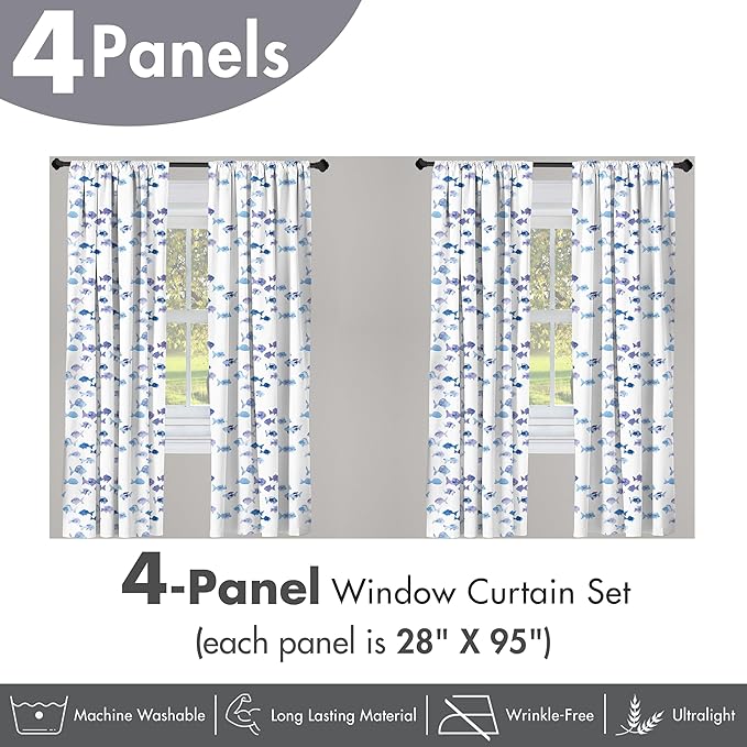 Ambesonne Animal Window Curtains Pack of 2, Little Fishes Watercolors Ocean Underwater Life Marine Theme Art, Lightweight Set with Rod Pocket, 4 Panels of - 28" x 95", Blue
