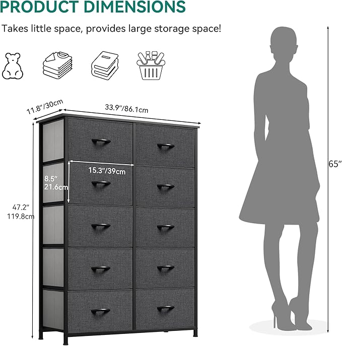 YITAHOME 10 Drawer Dresser - Fabric Storage Tower, Organizer Unit for Bedroom, Living Room, Hallway, Closets - Sturdy Steel Frame, Wooden Top & Easy Pull Fabric Bins