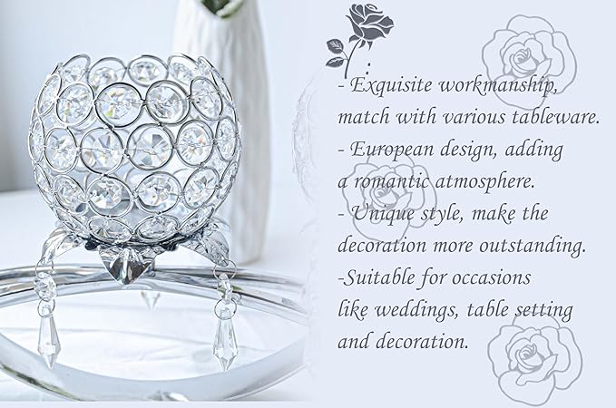 Set of 3 Gold Crystal Tea Light Candlestick Holders Flower Shape with Crystal Pendant Bowl Votive Metal Candle Holder for Table Centerpieces Wedding Home Decor (Silver, 3 arm)