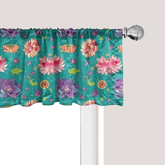 Ambesonne Floral Window Valance, Pattern with Lotus Flowers Peonies and Chrysanthemums Oriental Motifs Garden Art, Curtain Valance for Kitchen Bedroom Decor with Rod Pocket, 54" X 18", Teal