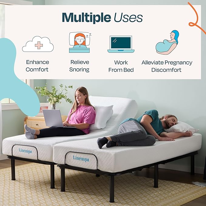 Linenspa Adjustable Bed Frame - Independent Head and Foot Incline - Powerful Quiet Motor - Easy Tool Free Assembly - Lounging - TV - Working - Reading - Ergonomic - Electric Bed Base - Twin XL Size