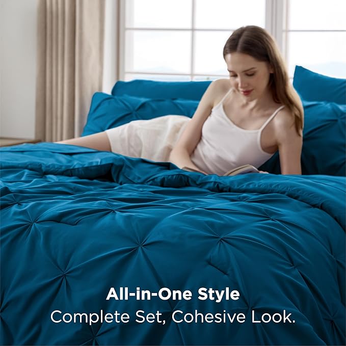 Bedsure Twin Comforter Set Teal - Bed in a Bag Twin Size Bedding 5 Pieces, GentleSoft™ Pintuck Bed Set Gift for Family, Pinch Pleat Teal Comforter with Sheets, Pillowcase & Sham