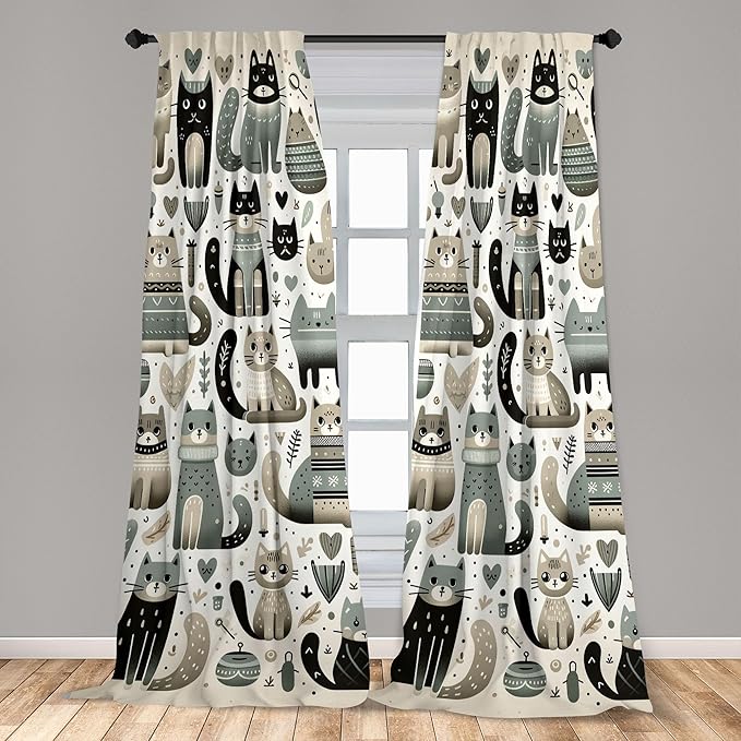 Ambesonne Cats Window Curtains, Modern Scandinavian Inspired Innocent Kitten Pattern with Leafy Details, Lightweight Decor 2-Panel Set with Rod Pocket, Pair of - 28" x 63", Pale Teal Pale Khaki Grey