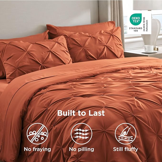 Bedsure King Size Comforter Set Burnt Orange - Bed in a Bag Bedding Set 7 Pieces, GentleSoft™ Pintuck Bed Set Gift for Family, Pinch Pleat Burnt Orange Comforter with Sheets, Pillowcases & Shams