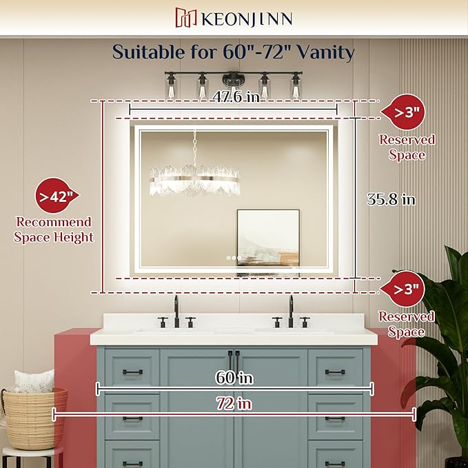 Keonjinn LED Bathroom Mirror 48 x 36 in with Backlit and Front Lights, Stepless 3 Colors Temperature & Dimmable Wall Mirror, UL Listed LED Driver, Tempered Glass Double Lighted Bathroom Vanity Mirror