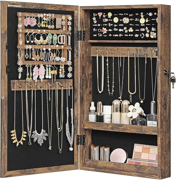 SONGMICS Lockable Jewelry Cabinet Armoire with Mirror, Wall-Mounted Space Saving Jewelry Storage Organizer, Christmas Gift, Rustic Brown UJJC051K01