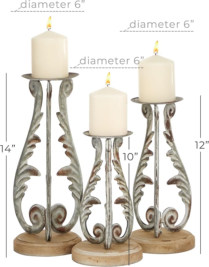 Deco 79 Metal Solid Candle Holder, Set of 3 14", 12", 10"H, Silver