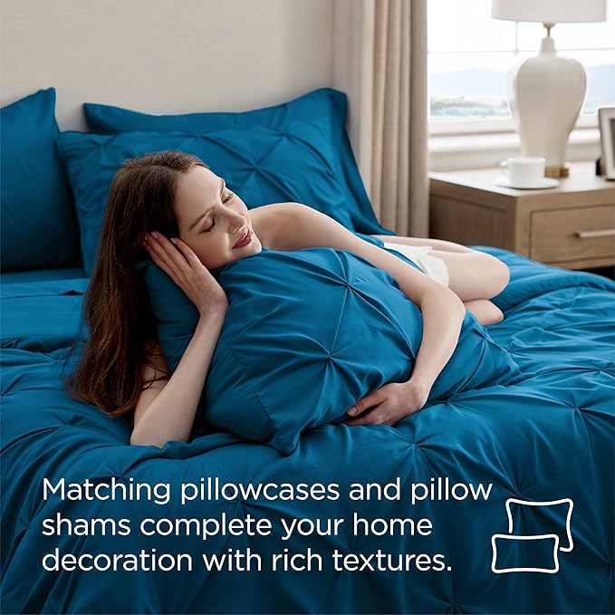 Bedsure Twin Comforter Set Teal - Bed in a Bag Twin Size Bedding 5 Pieces, GentleSoft™ Pintuck Bed Set Gift for Family, Pinch Pleat Teal Comforter with Sheets, Pillowcase & Sham