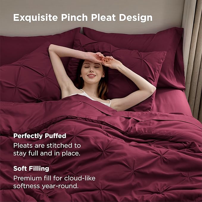 Bedsure California King Comforter Set Burgundy - Bed in a Bag Cal King Bedding Set 7 PCS, GentleSoft™ Pintuck Bed Set Gift for Family, Pinch Pleat Burgundy Comforter with Sheets, Pillowcases & Shams