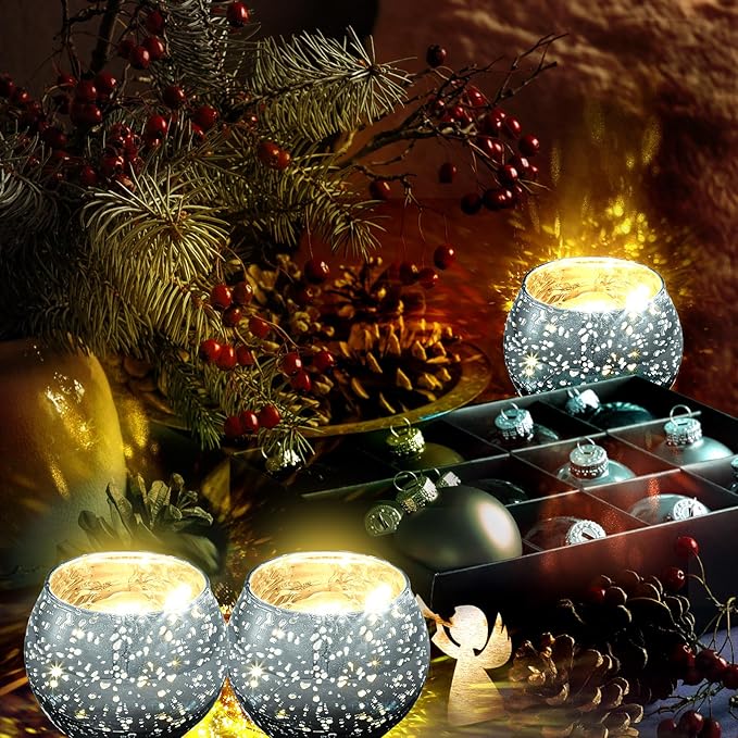Rtteri 24 Set Votive Candle Holders Wedding Centerpiece Table Decorations Speckled Mercury Glass Votive Candle Holders with Tea Lights Birthday Party Decorations for Home (Silver)