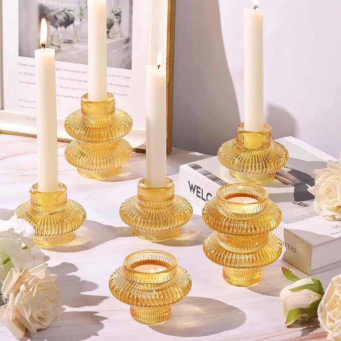 Candlestick Holders Taper Candle Holders, Gold Candle Stick Candle Holder for Wedding, Ribbed Tealight Candle Holders for Bridal Shower Party Table Decor, Modern Home Decor (8 Pcs, Gold)