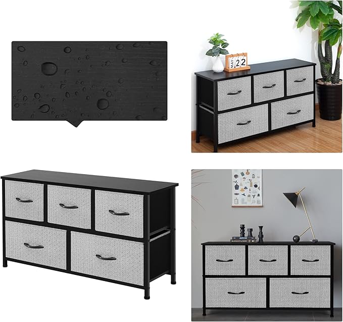 AZL1 Life Concept Extra Wide Dresser Storage Tower with Sturdy Steel Frame,5 Drawers of Easy-Pull Fabric Bins, Organizer Unit for Bedroom, Hallway, Entryway, Grey with Black