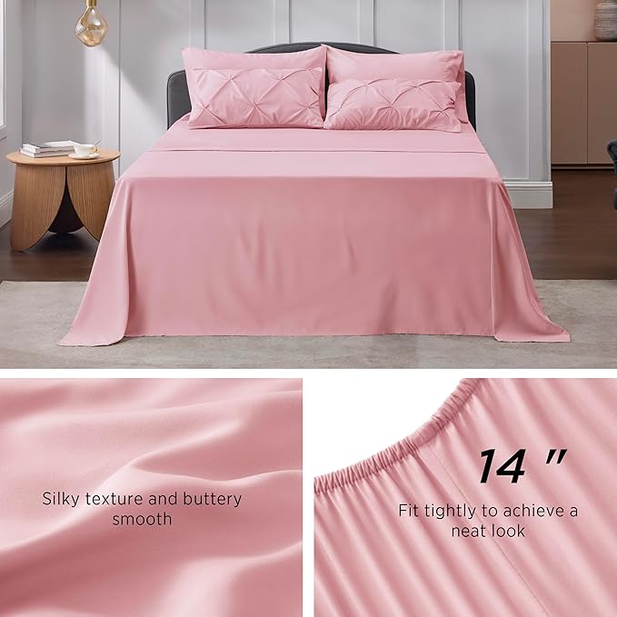 Bedsure Twin Comforter Set Baby Pink - Bed in a Bag Twin Size Bedding 5 Pieces, GentleSoft™ Pintuck Bed Set Gift for Family, Pinch Pleat Pink Comforter with Sheets, Pillowcase & Sham