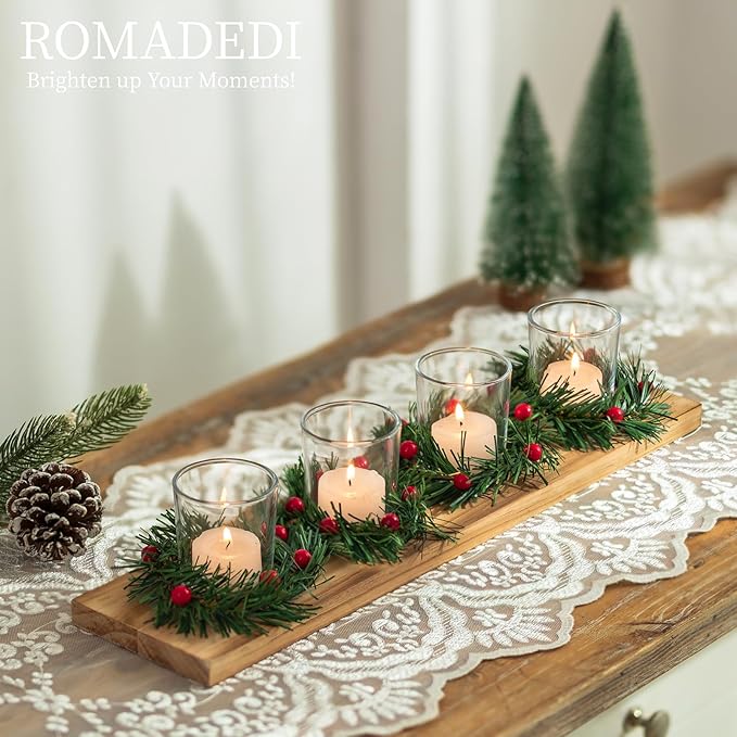 Christmas Candle Holder for Table Centrepiece Decoration: Romadedi Rustic 4 Tealight Holders with Mini Christmas Wreaths Wooden Tray for Xmas Winter Dinner Table Home Decor Gift 16.5 Inches