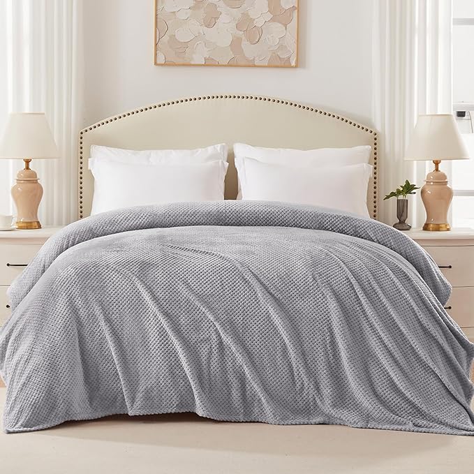 Exclusivo Mezcla Fleece Bed Blanket Queen Size, Super Soft and Warm Blankets for Couch, Sofa and Bed Waffle Textured, Cozy, Fuzzy and Lightweight (Light Grey, 90x90 Inches)