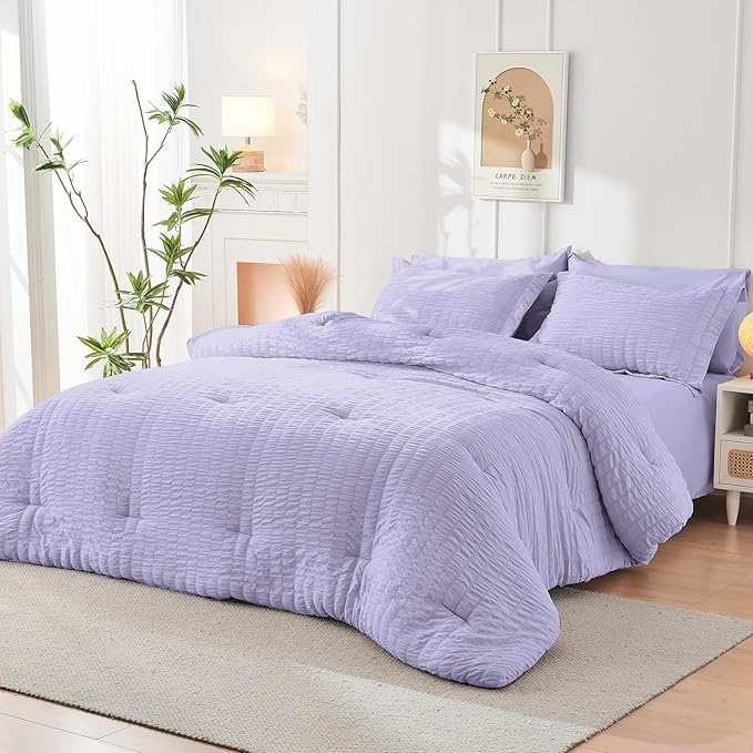 HYMOKEGE Light Purple Twin XL Comforter Set Seersucker 5 Pieces, All Season Luxury Bed in a Bag for Bedroom, Bedding Set with Comforter, Sheets, Pillowcase & Sham