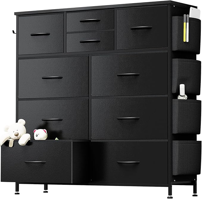 10 Drawer Dresser, Chest of Drawers for Bedroom, PU Dresser with Side Pockets, Hooks, Wooden Top and Sturdy Metal Frame for Living Room, Closet, Hallway (Black)