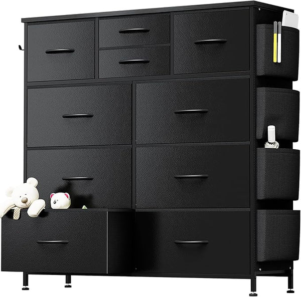 10 Drawer Dresser, Chest of Drawers for Bedroom, PU Dresser with Side Pockets, Hooks, Wooden Top and Sturdy Metal Frame for Living Room, Closet, Hallway (Black)