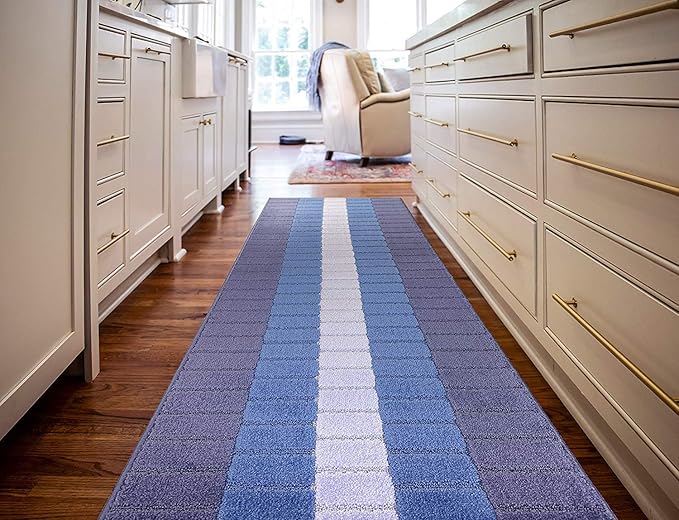 Custom Size Coastal Nautical Style Runner Rug Carpet for Hallway Entryway, Slip Resistant Latex Rubber Backed, 31 inch Wide X Customized Length, Squares Blue, 31 inch X 25 feet