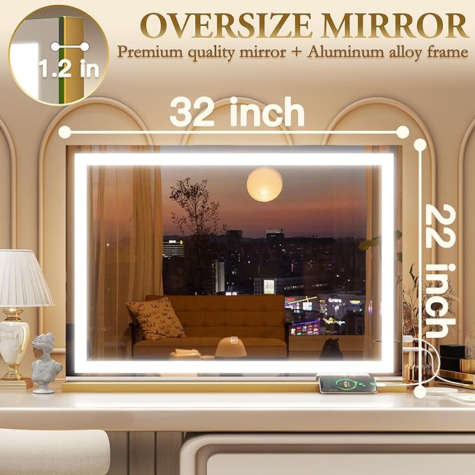 Vanity Mirror with Lights, 32" x 22" Large Lighted Vanity Mirror with Dimmable 3 Modes, LED Makeup Mirror, 10X Magnification, USB Charging Port, Tabletop or Wall-Mounted Square Gold