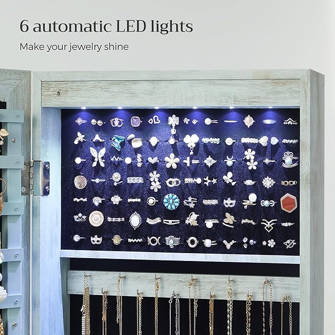 SONGMICS 6 LEDs Mirror Jewelry Cabinet, 47.2-Inch Tall Lockable Wall or Door Mounted Jewelry Armoire Organizer with Mirror, 2 Drawers, Christmas Gift, 3.9 x 14.6 x 47.2 Inches, Rustic Green