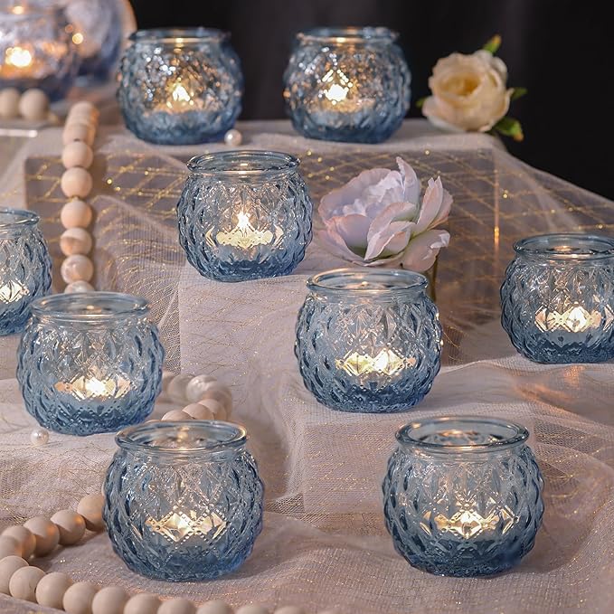 DARJEN 12Pcs Blue Votive Candle Holders - Round Glass Candle Holders Bulk for Tea Light Candle, Diamond Texture Candle Votives for Wedding Centerpiece, Party & Home Decor