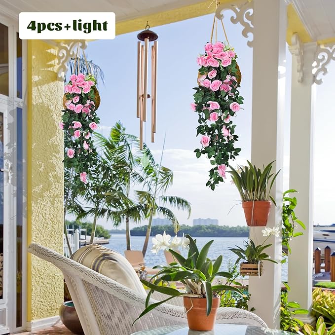 RECUTMS Artificial Hanging Rose Flower 4PCS Vine Plants with 30 LED Fairy String Lights Fake for Indoor Outside Garden Porch Farmhouse (Pink)