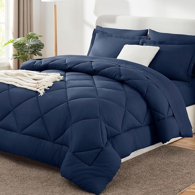 CozyLux Full Size Comforter Sets Navy Blue - 7 Pieces Bed in a Bag Full, Luxury Soft Bed Set for All Seasons, Bedding Set with Down Alternative Comforter, Sheets, Pillowcases & Shams