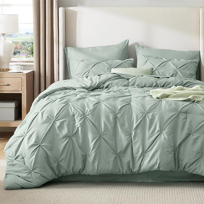 Bedsure King Size Comforter Set Sage Green - Bed in a Bag Bedding Set 7 Pieces, GentleSoft™ Pintuck Bed Set Gift for Family, Pinch Pleat Sage Green Comforter with Sheets, Pillowcases & Shams