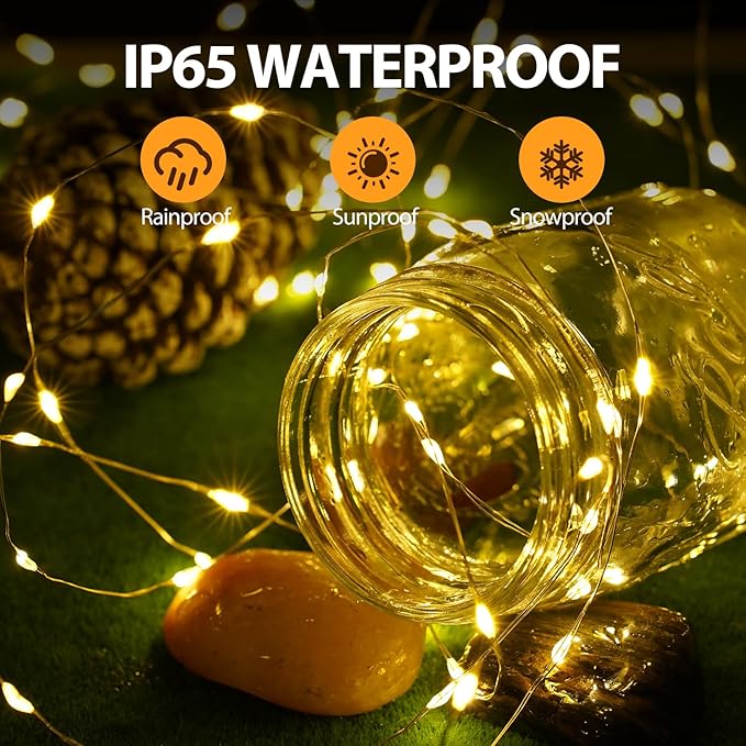 33FT 200 LED Fairy Lights Battery Operated with Timer & Remote, 8 Modes Dimmable Twinkle Lights, Waterproof Warm White Fairy String Lights for Outdoor Patio Wedding Mason Jar Party Bedroom Classroom