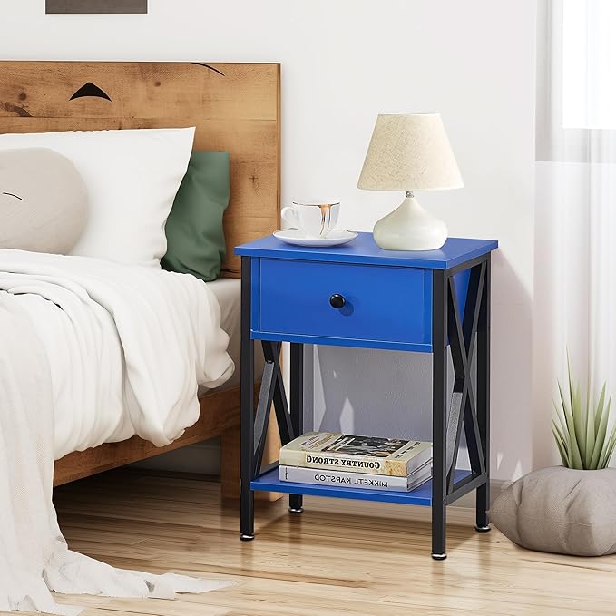 VECELO Nightstands Set of 2, Modern Bedside End Tables, Night Stands with Drawer and Storage Shelf for Living Room Bedroom, Industrial Metal Frame