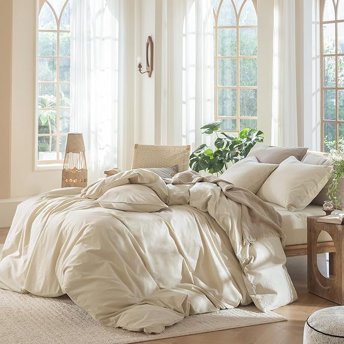 MooMee Bedding Duvet Cover Set 100% Washed Cotton Linen Like Textured Breathable Durable Soft Comfy (Heathered Almond Milk Grey, Super King 108"x98")