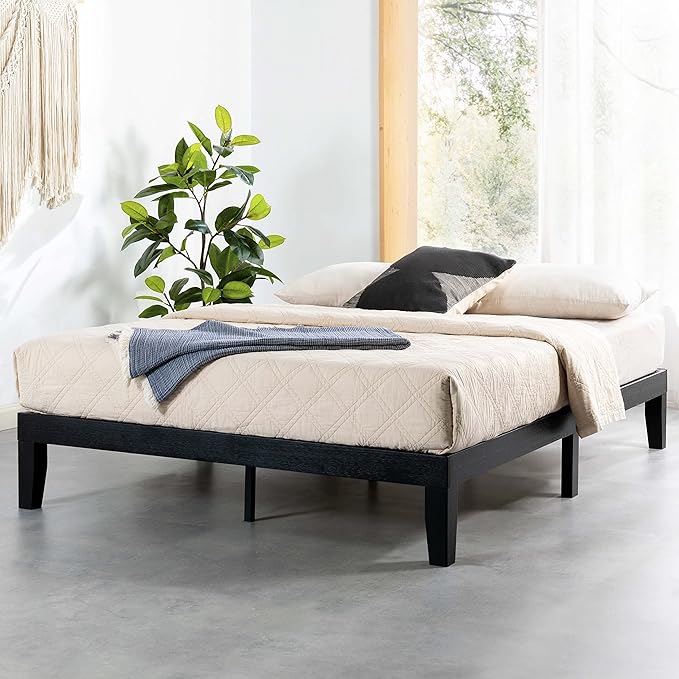 Mellow Naturalista Classic 12 Inch Solid Wood Platform Bed with Wooden Slats, Cal King, Black
